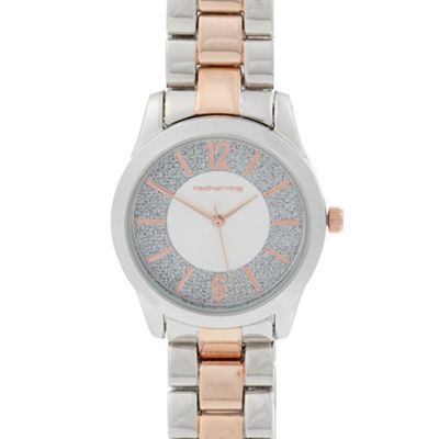 Ladies silver glitter dial two tone bracelet watch